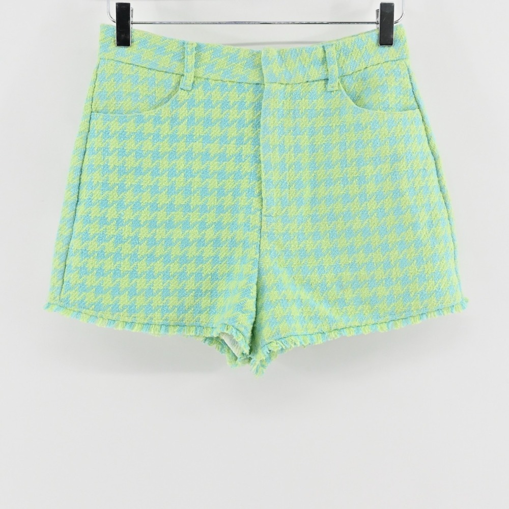 Zara Houndstooth Tweed Frayed Shorts Womens Size S Blue Green High Rise Casual